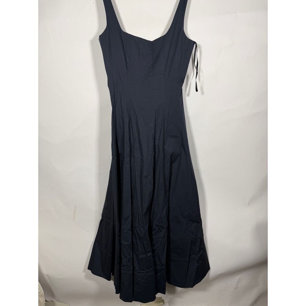 STAUD Wells Midi Dress Navy Blue Corset Bodice A-Line Square Neck Size 6